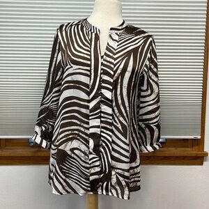Chico’s Brown Zebra Print Button Down Sheer Blouse Size Small
